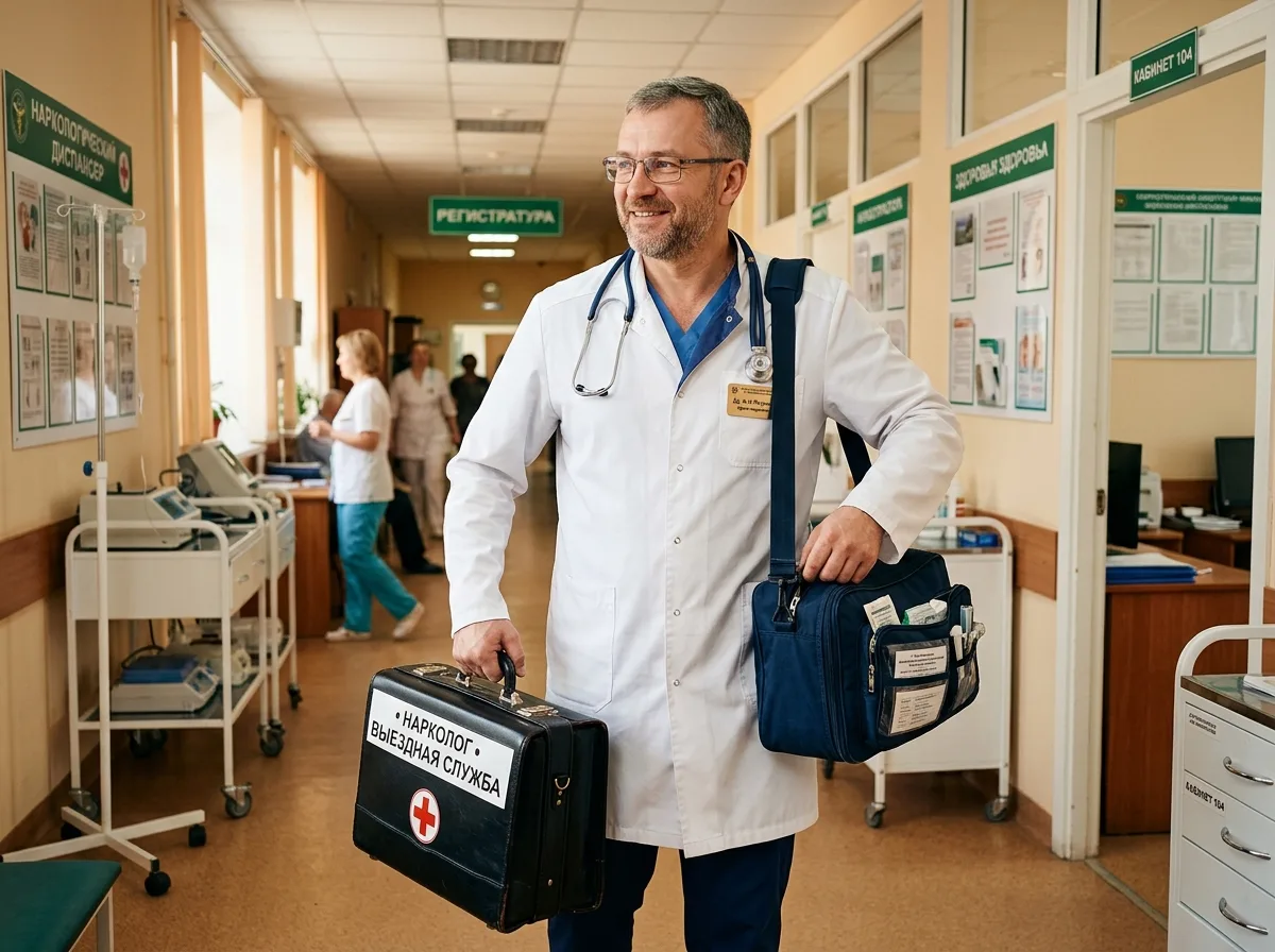 Врач-нарколог в белом халате с медицинским чемоданом готовится к выезду на дом, профессиональная медицинская обстановка, тёплый уверенный свет