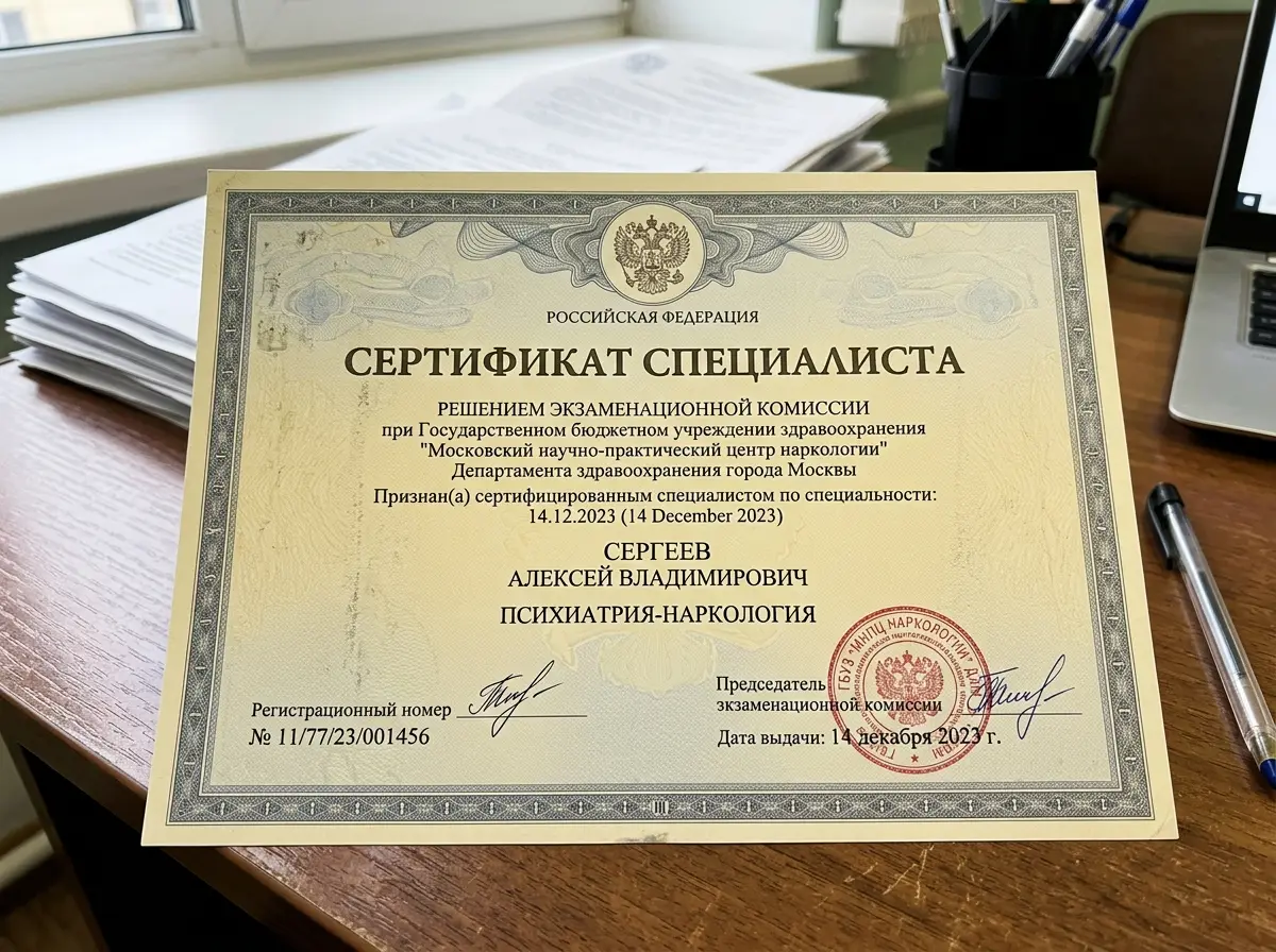 Сертификат специалиста психиатра-нарколога, документ государственного образца с печатью медицинского учреждения