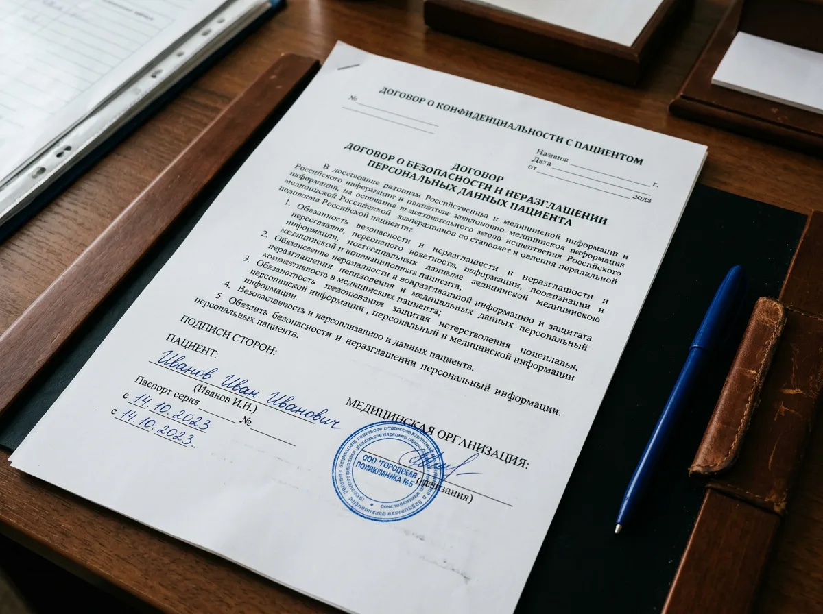 Договор конфиденциальности с пациентом, юридический документ о неразглашении персональных данных, подписанный экземпляр